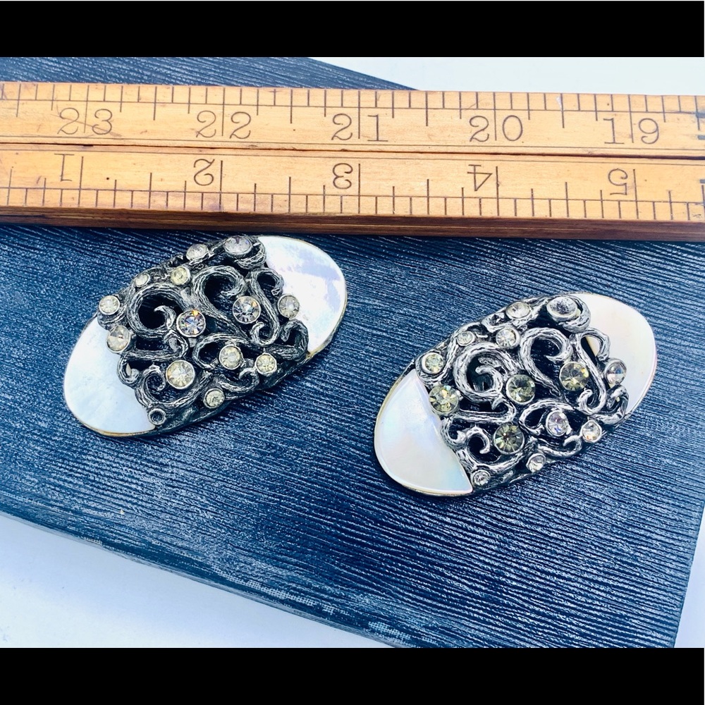 Vintage MUSI shoe clips mother of pearl rhinestones antique silver